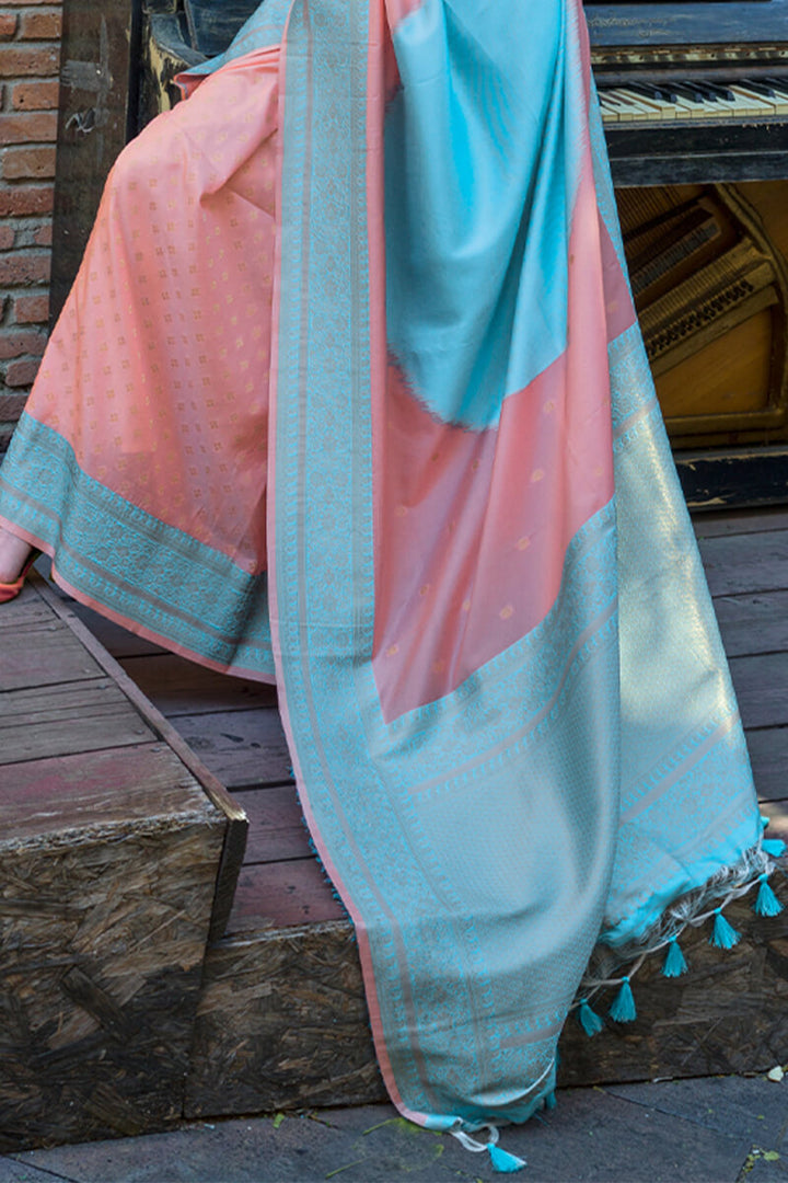 Pink and Sky Woven Soft Banarasi Silk Saree