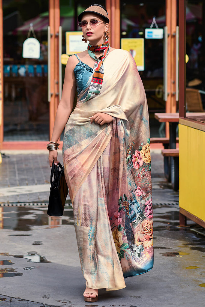 Pinkish Beige Printed Satin Crepe Silk Saree