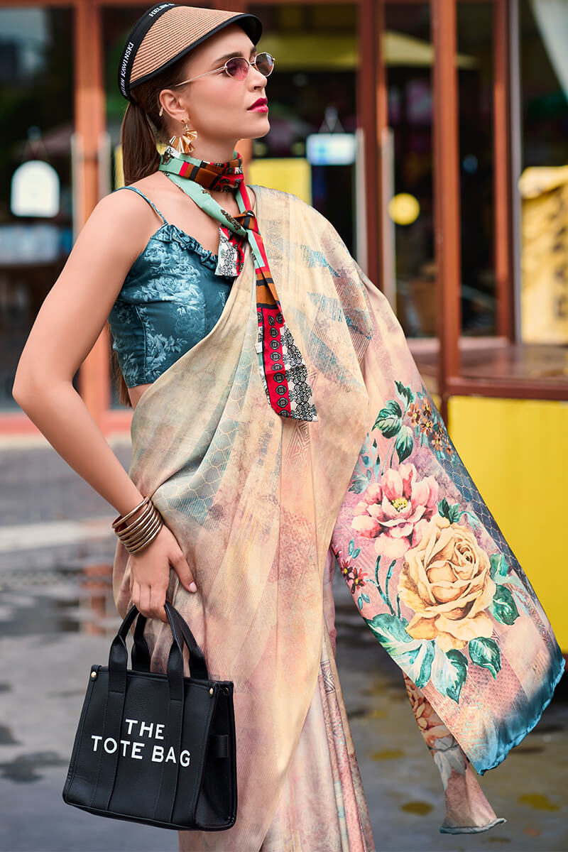 Pinkish Beige Printed Satin Crepe Silk Saree