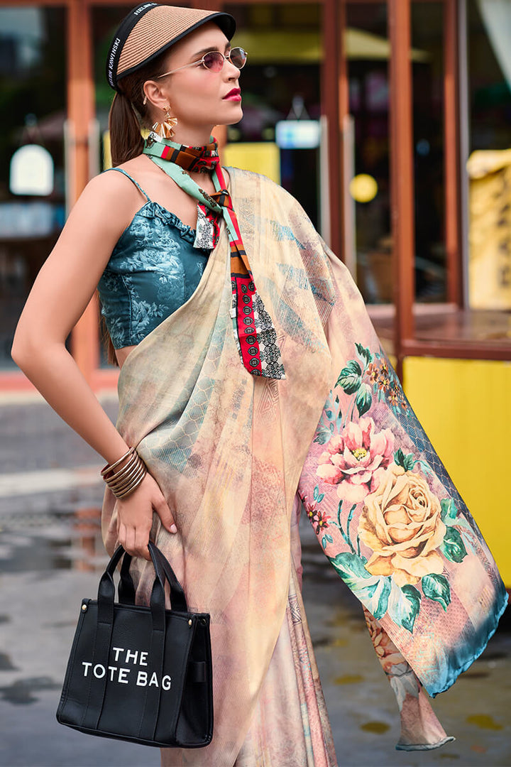 Pinkish Beige Printed Satin Crepe Silk Saree