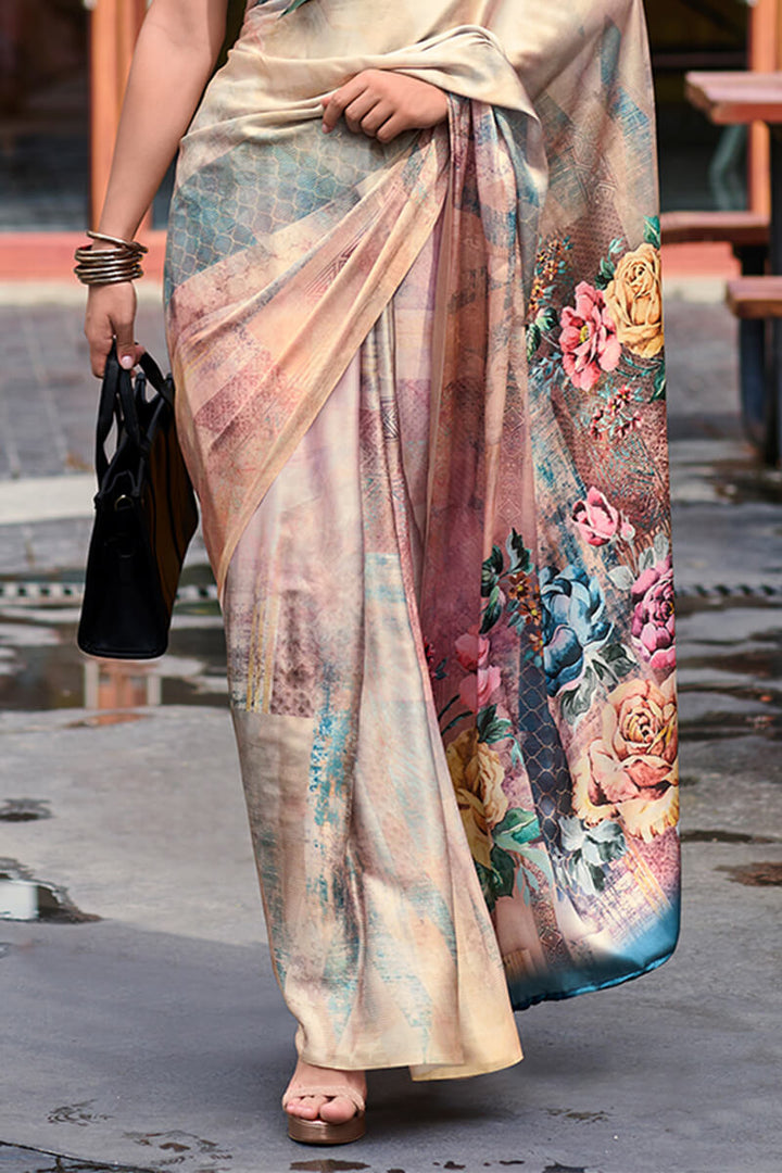 Pinkish Beige Printed Satin Crepe Silk Saree