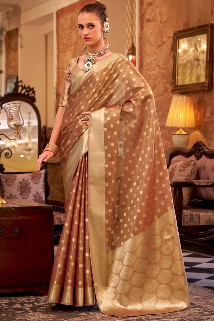 Pinkish Brown Banarasi Tissue Silk Saree