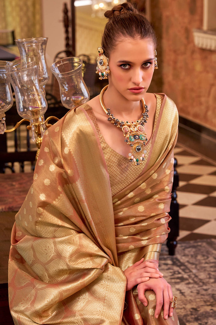 Pinkish Brown Banarasi Tissue Silk Saree