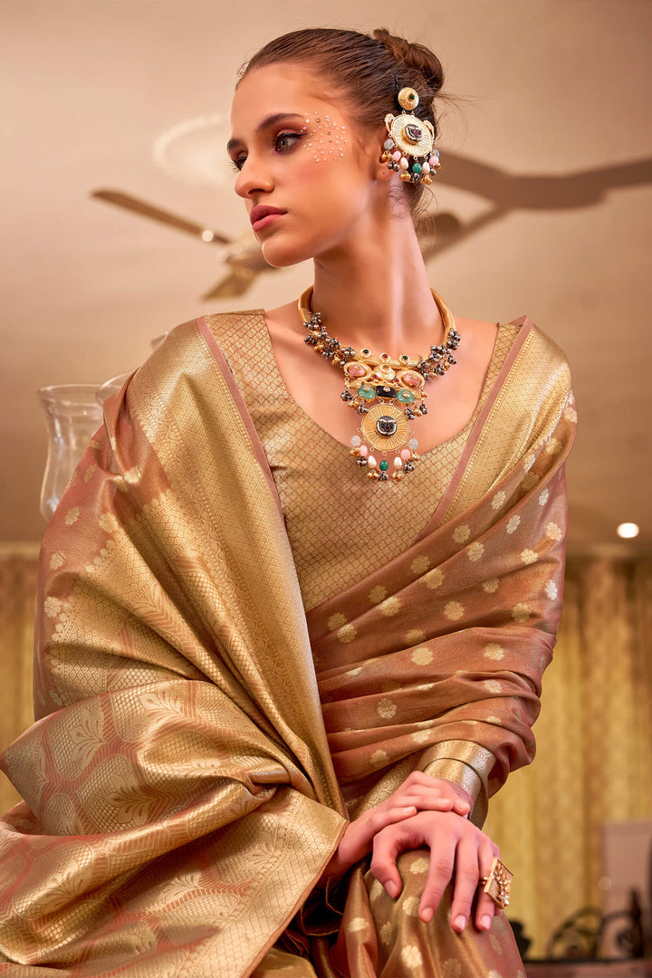 Pinkish Brown Banarasi Tissue Silk Saree