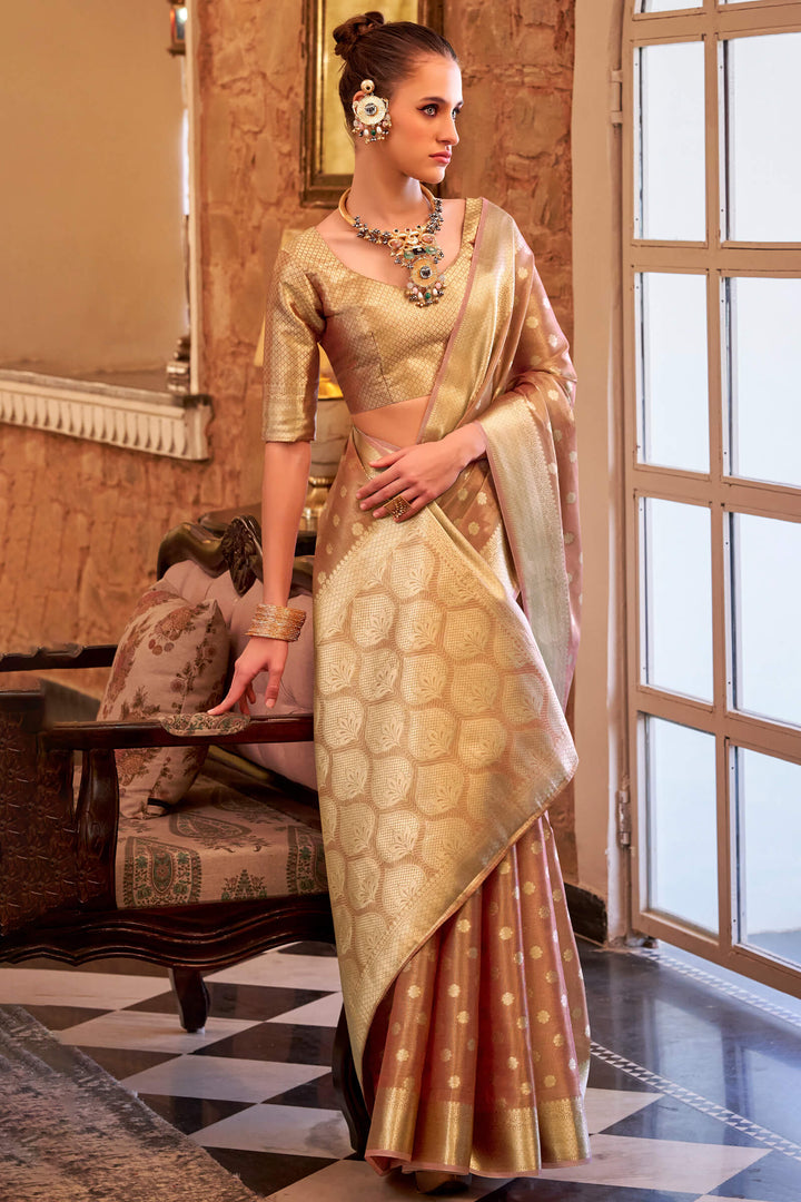 Pinkish Brown Banarasi Tissue Silk Saree