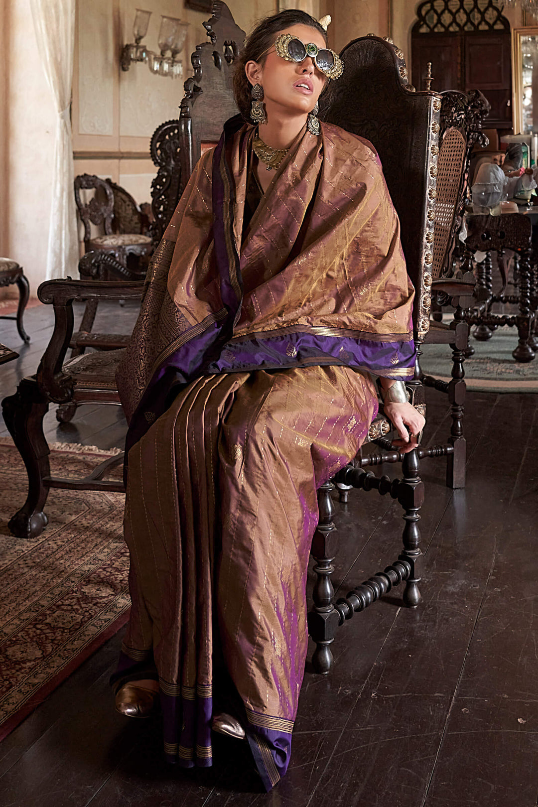 Pinkish Brown Banarasi Tussar Silk Saree