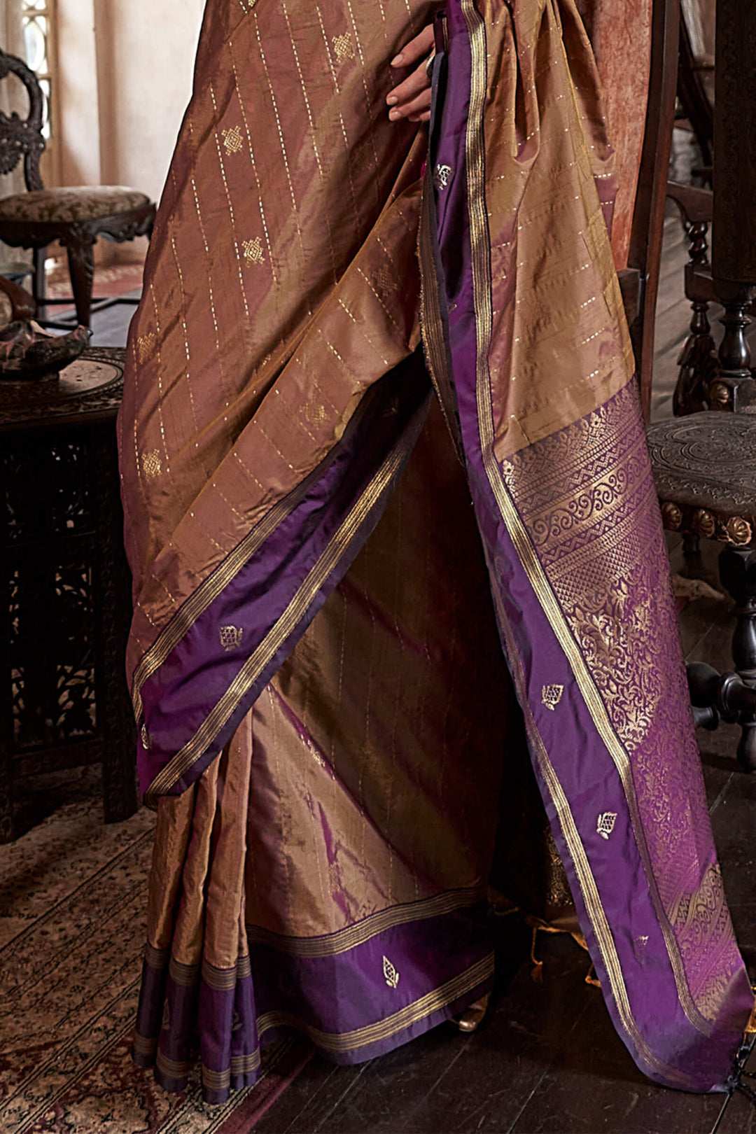 Pinkish Brown Banarasi Tussar Silk Saree
