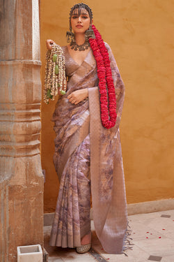 Pinkish Brown Digital Printed Linen Silk Saree