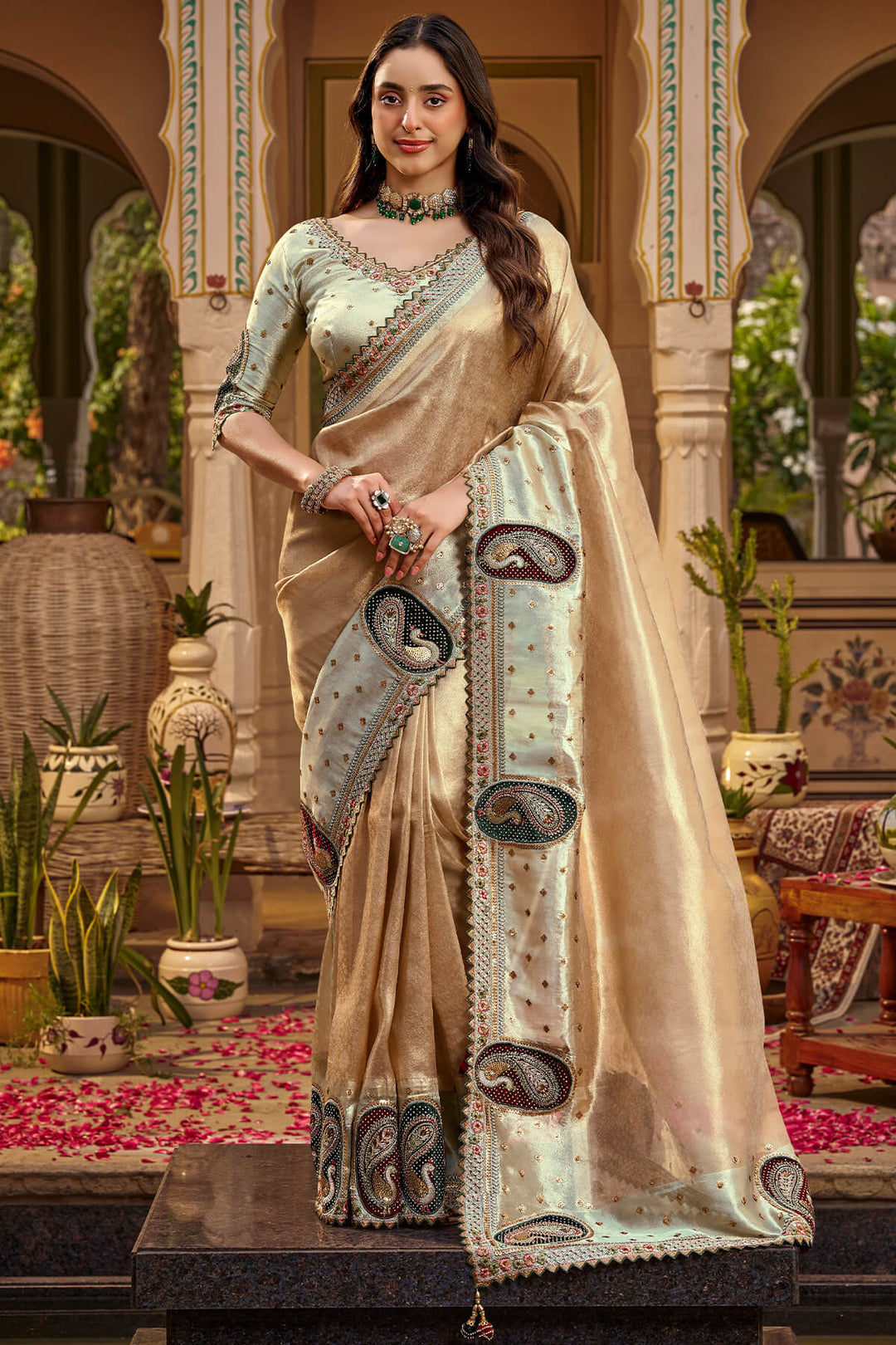 Pinkish Brown Hand Work Viscose Saree with Stiched Blouse
