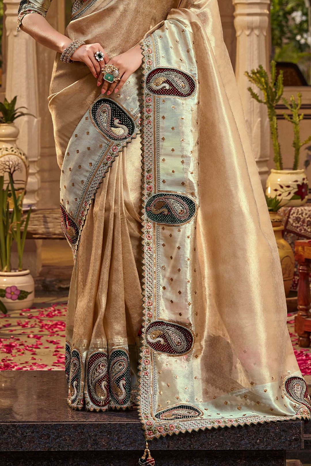 Pinkish Brown Hand Work Viscose Saree with Stiched Blouse