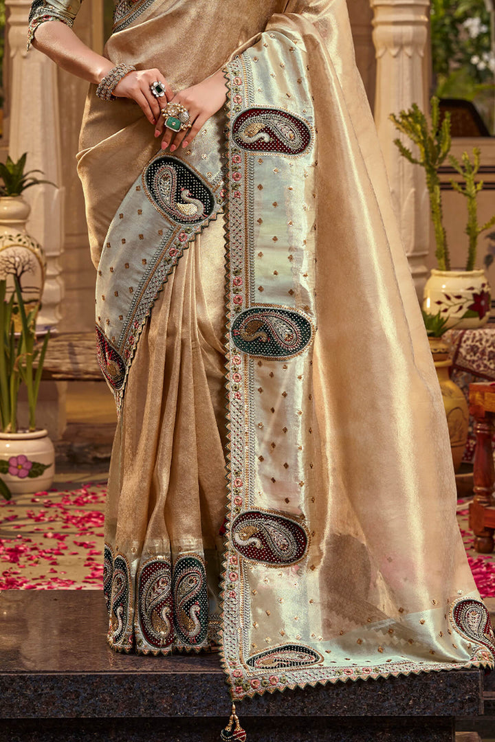 Pinkish Brown Hand Work Viscose Saree with Stiched Blouse