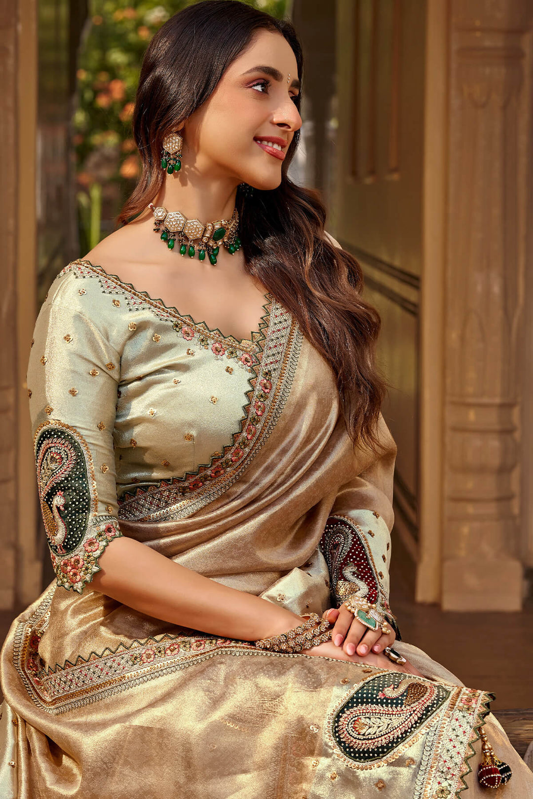 Pinkish Brown Hand Work Viscose Saree with Stiched Blouse