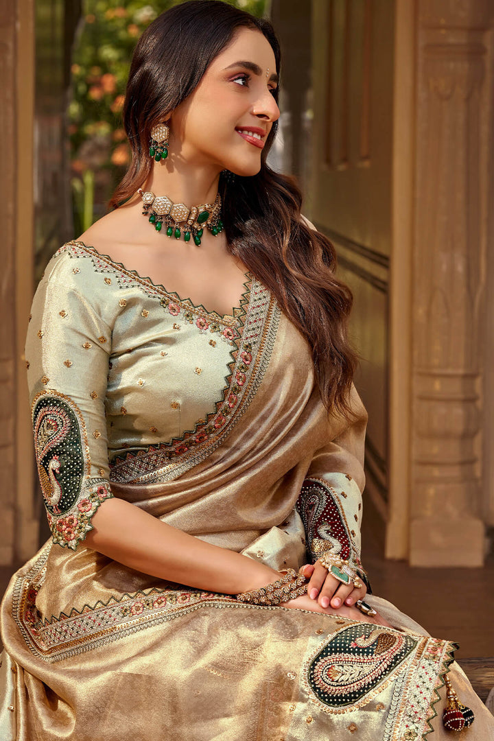 Pinkish Brown Hand Work Viscose Saree with Stiched Blouse
