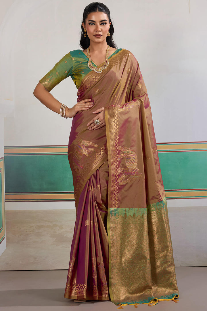 Pinkish Brown Zari Woven Banarasi Silk Saree