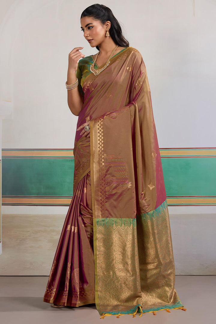 Pinkish Brown Zari Woven Banarasi Silk Saree