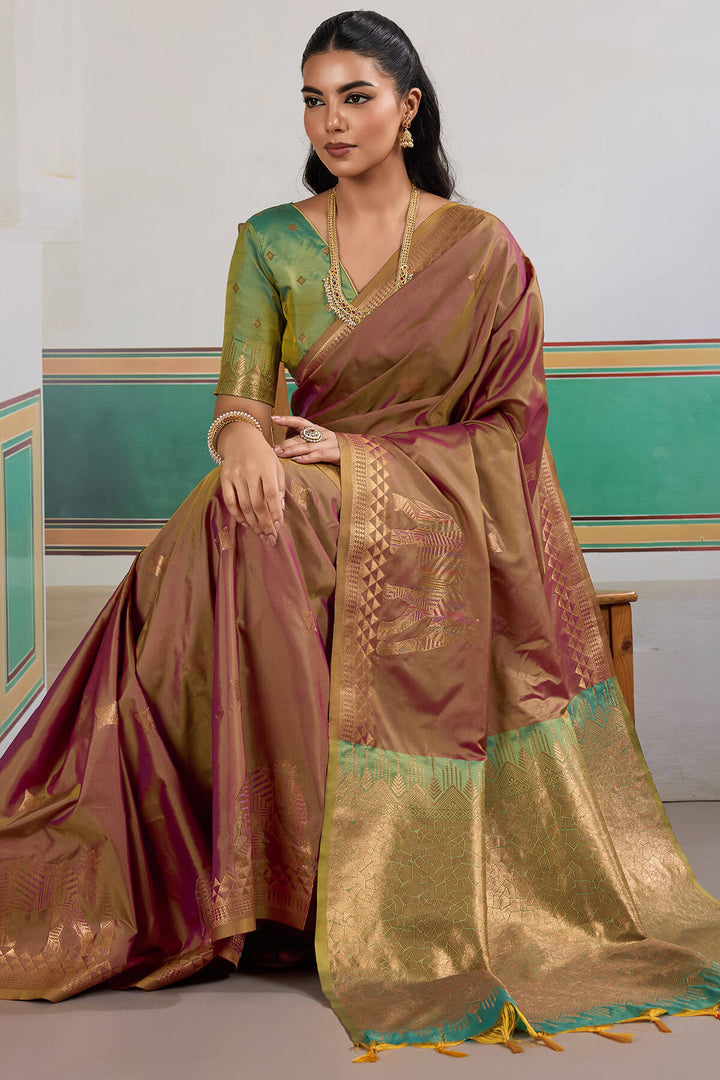 Pinkish Brown Zari Woven Banarasi Silk Saree