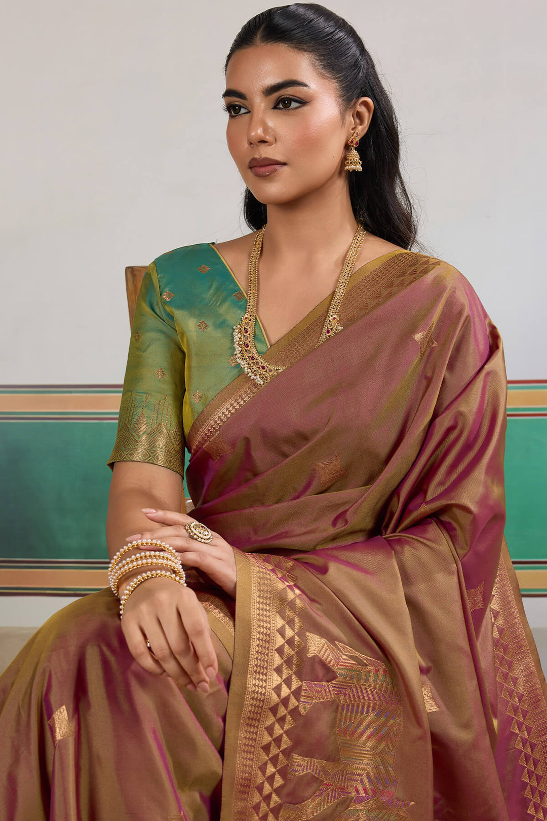 Pinkish Brown Zari Woven Banarasi Silk Saree