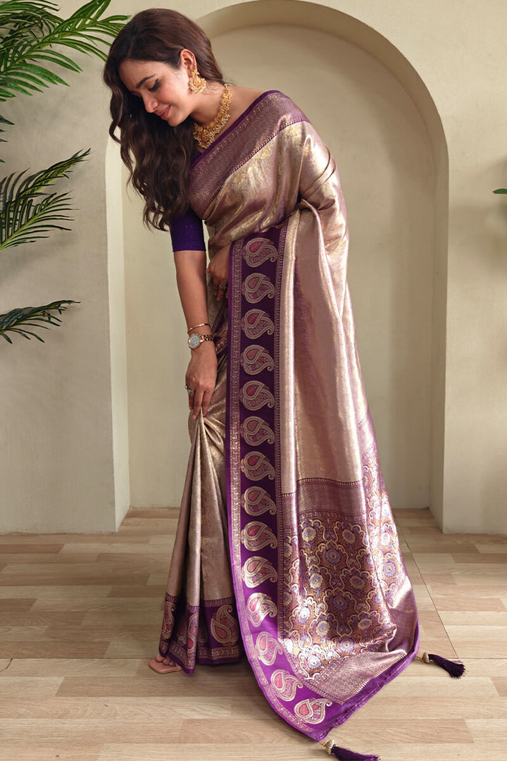 Pinkish Brown Zari Woven Kanjivaram Silk Saree