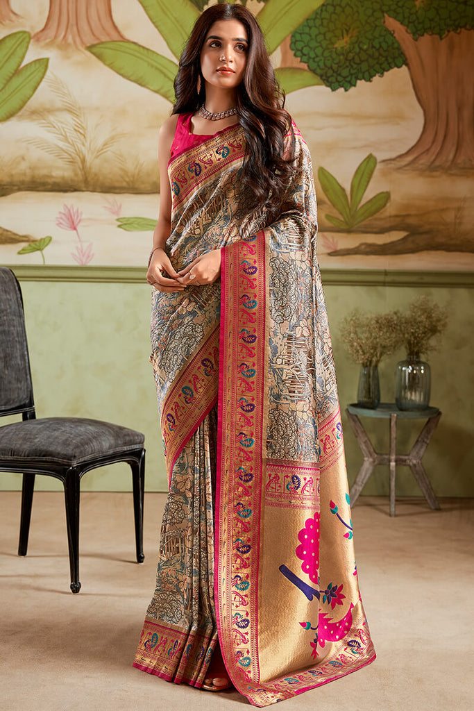 Pinkish Brown Zari Woven Paithani Silk Saree