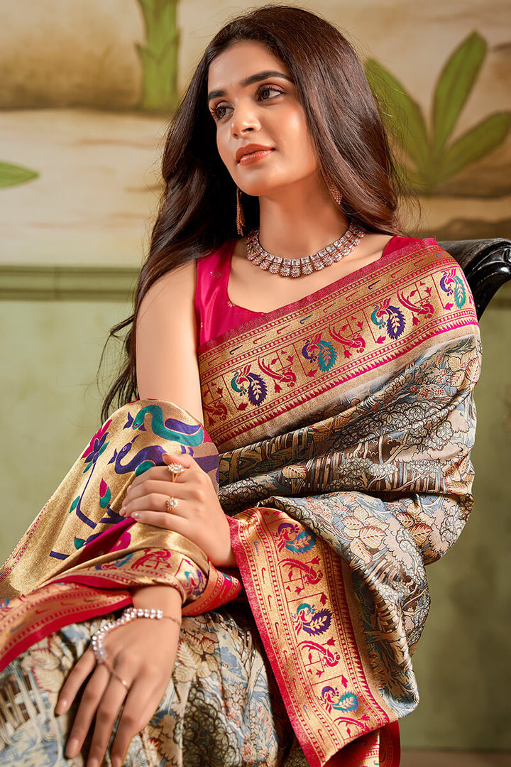 Pinkish Brown Zari Woven Paithani Silk Saree