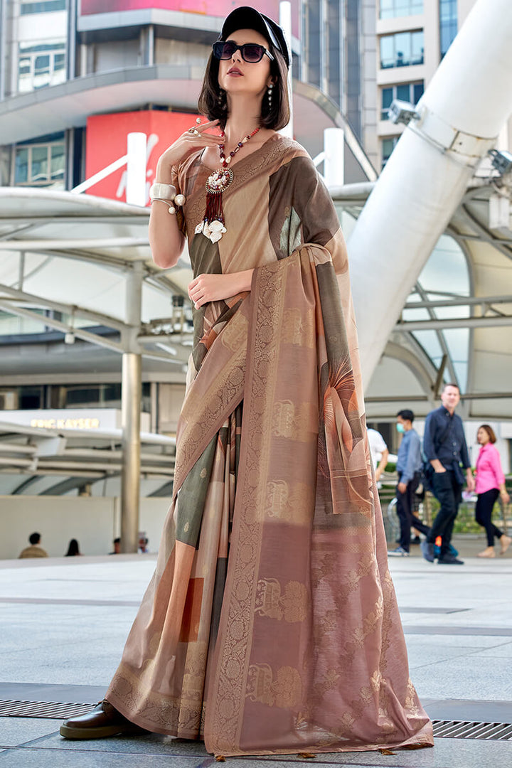 Pinkish Brown Zari Woven Printed Soft Silk Saree