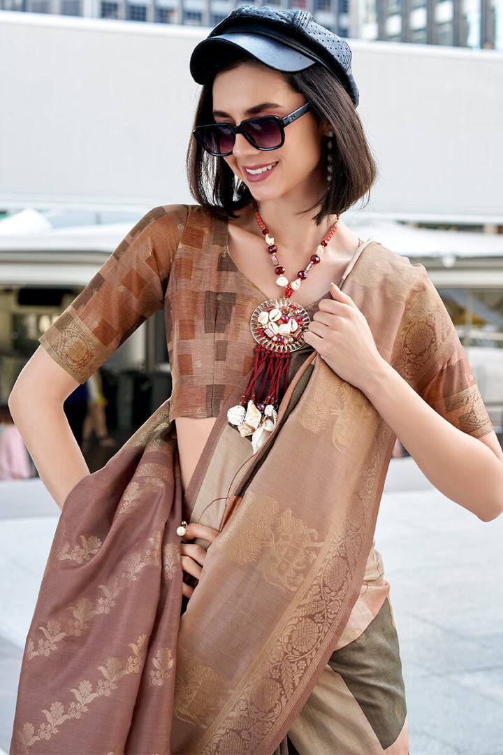 Pinkish Brown Zari Woven Printed Soft Silk Saree