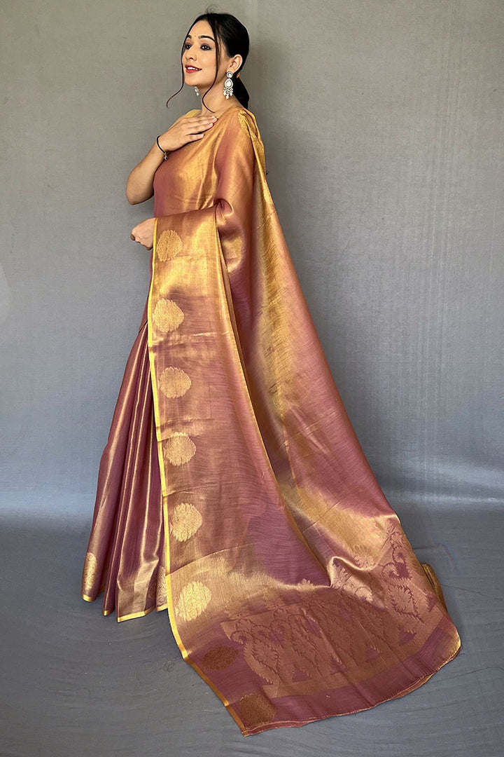 Pinkish Brown Zari Woven Tissue silk Saree