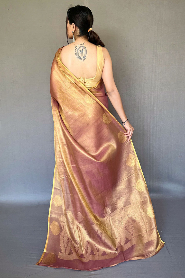 Pinkish Brown Zari Woven Tissue silk Saree