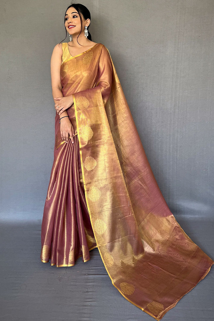 Pinkish Brown Zari Woven Tissue silk Saree