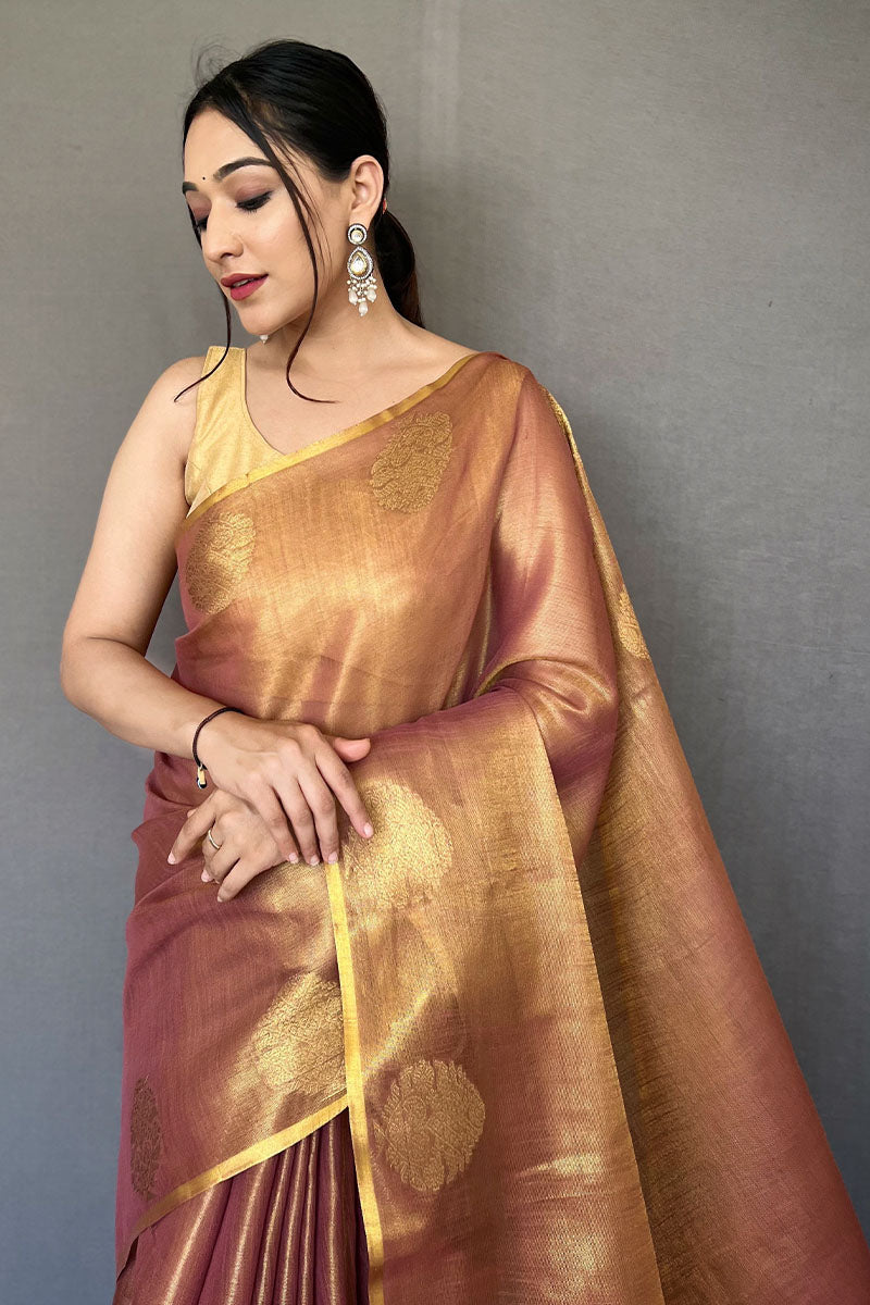 Pinkish Brown Zari Woven Tissue silk Saree