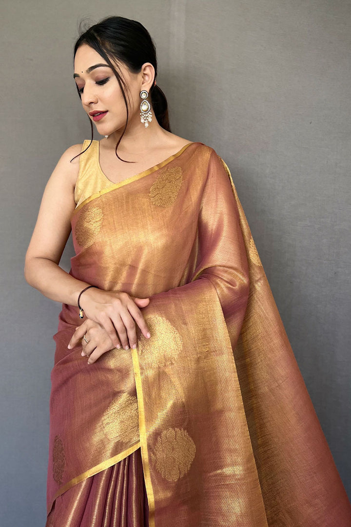 Pinkish Brown Zari Woven Tissue silk Saree