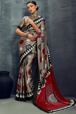 Pinkish Grey Ajrakh Printed Satin Crepe Silk Saree