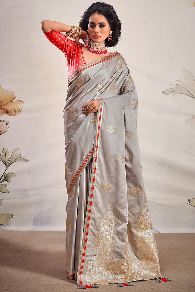 Pinkish Grey Banarasi Satin Silk Saree