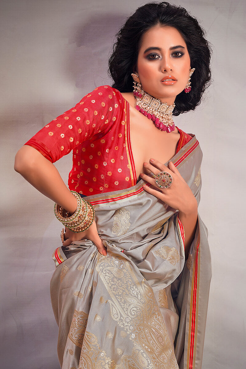 Pinkish Grey Banarasi Satin Silk Saree