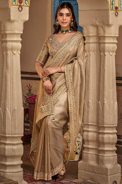 Pinkish Grey Hand Work Viscose Saree with Stiched Blouse
