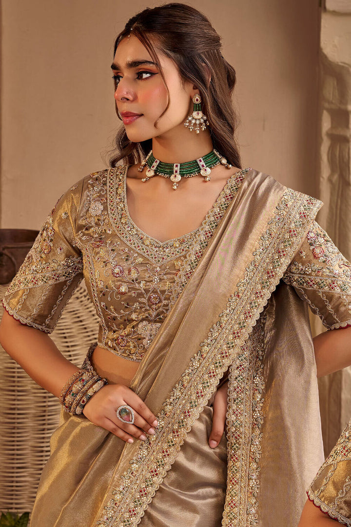 Pinkish Grey Hand Work Viscose Saree with Stiched Blouse