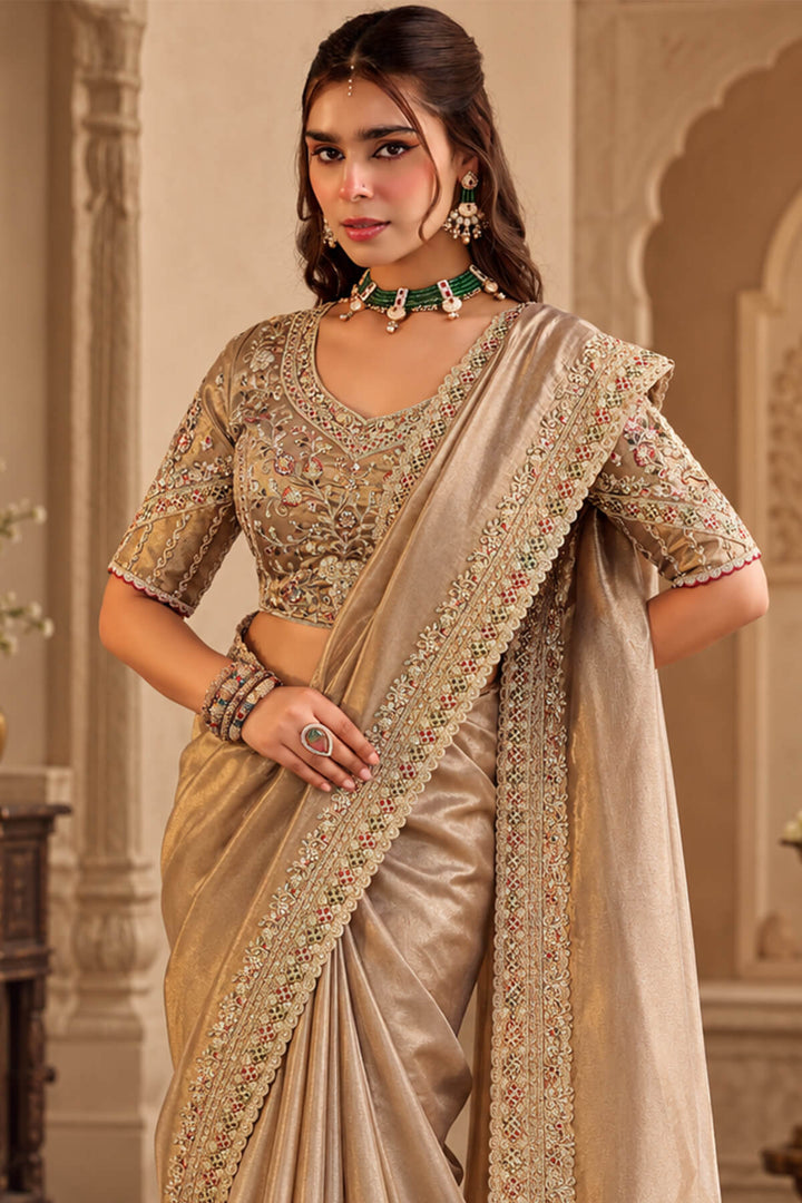 Pinkish Grey Hand Work Viscose Saree with Stiched Blouse