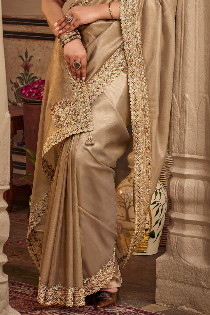 Pinkish Grey Hand Work Viscose Saree with Stiched Blouse