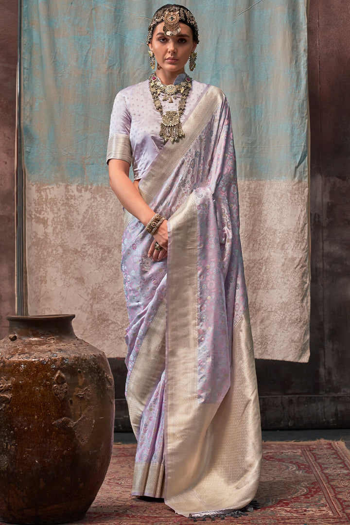 Pinkish Grey Handloom Banarasi Satin Silk Saree