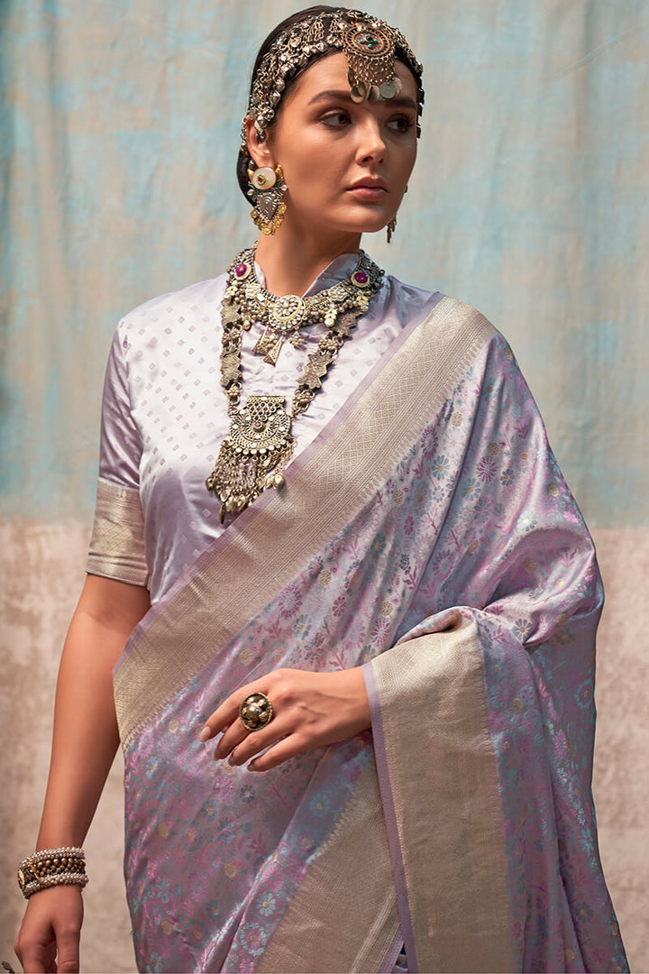 Pinkish Grey Handloom Banarasi Satin Silk Saree