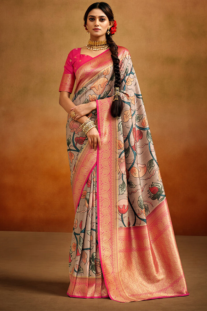 Pinkish Grey Kalamkari Printed Tussar Silk Saree
