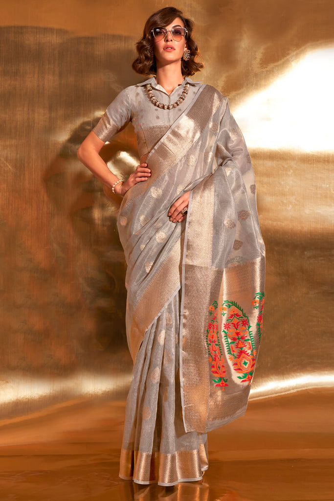 Pinkish Grey Paithani Tissue Silk Saree