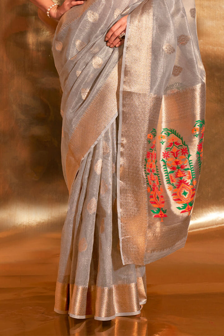 Pinkish Grey Paithani Tissue Silk Saree