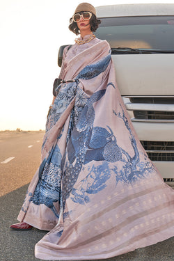 Pinkish Grey Printed Tussar Silk Saree