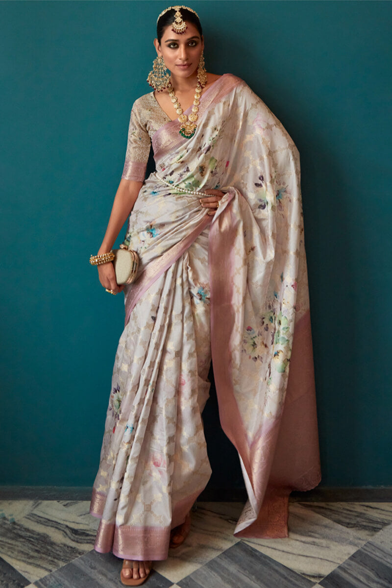 Pinkish Grey Zari Woven Floral Printed Silk Saree