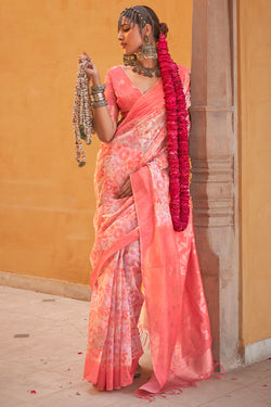 Pinkish Orange Digital Printed Linen Silk Saree