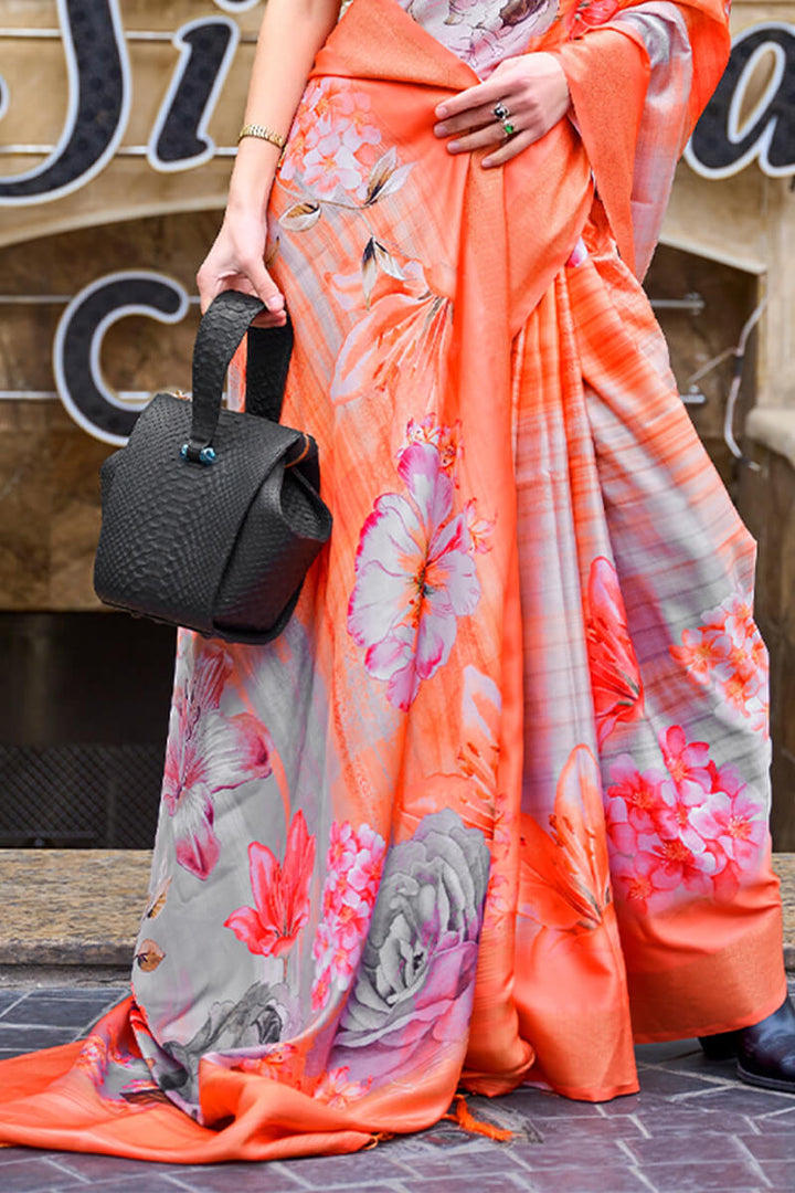 Pinkish Orange Printed Silk Saree