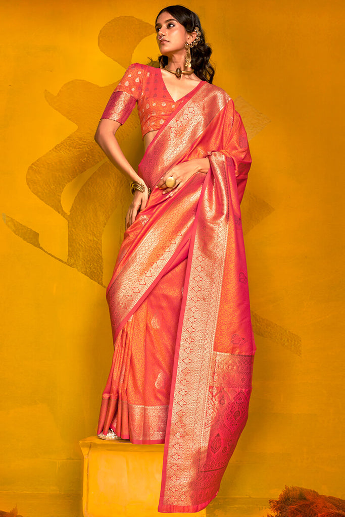 Pinkish Orange Two tone Banarasi Silk Saree