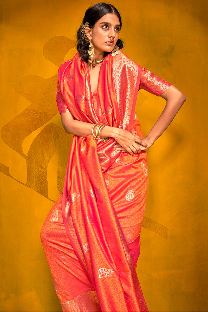 Pinkish Orange Two tone Banarasi Silk Saree