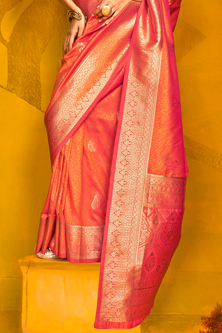 Pinkish Orange Two tone Banarasi Silk Saree